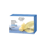 Refect Beauty Eva exfoliating glycerin soap bar with natural loofah fibers in blue packaging