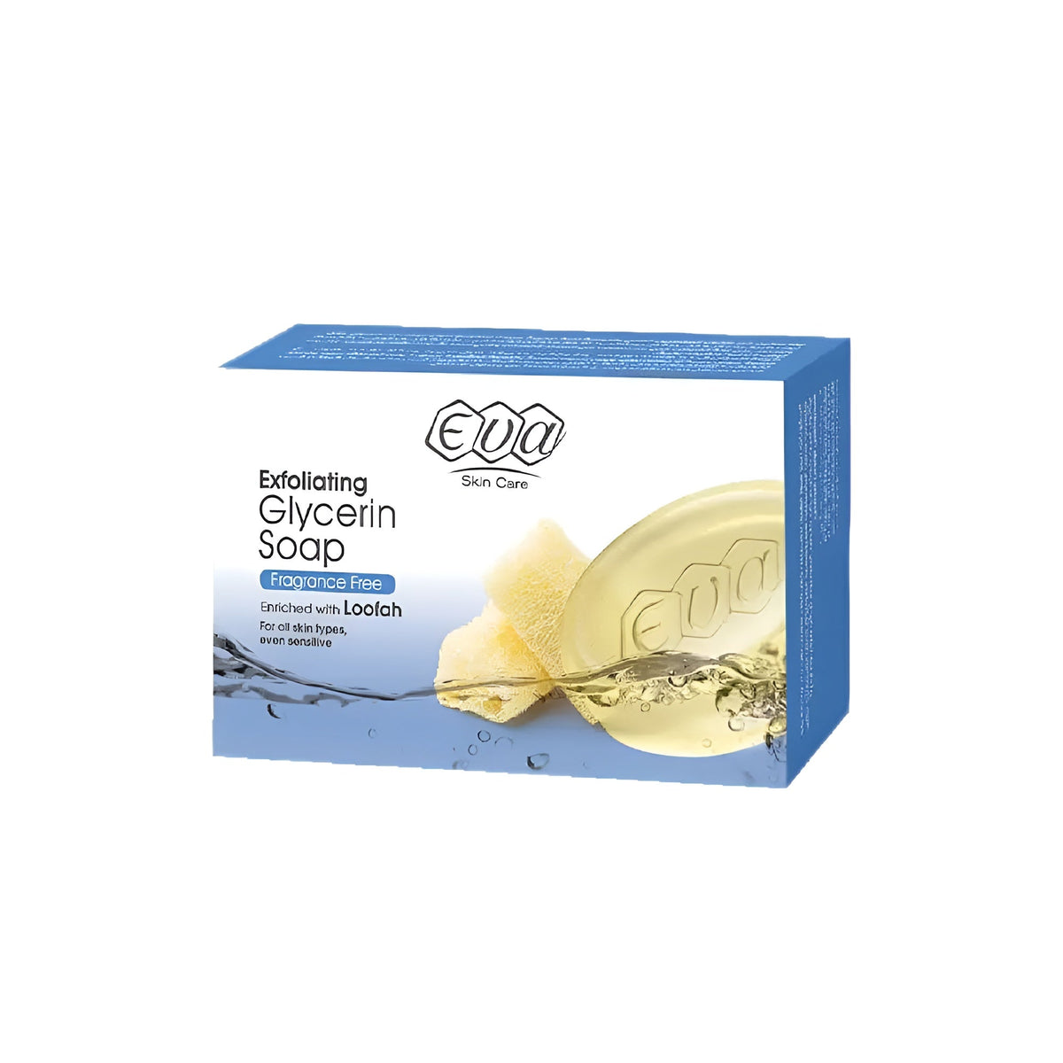 Refect Beauty Eva exfoliating glycerin soap bar with natural loofah fibers in blue packaging