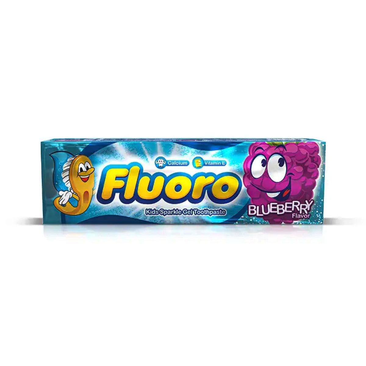 Refect Beauty Eva Fluoro Kids Sparkle Gel Blueberry toothpaste box with fun cartoon graphics and blue packaging.