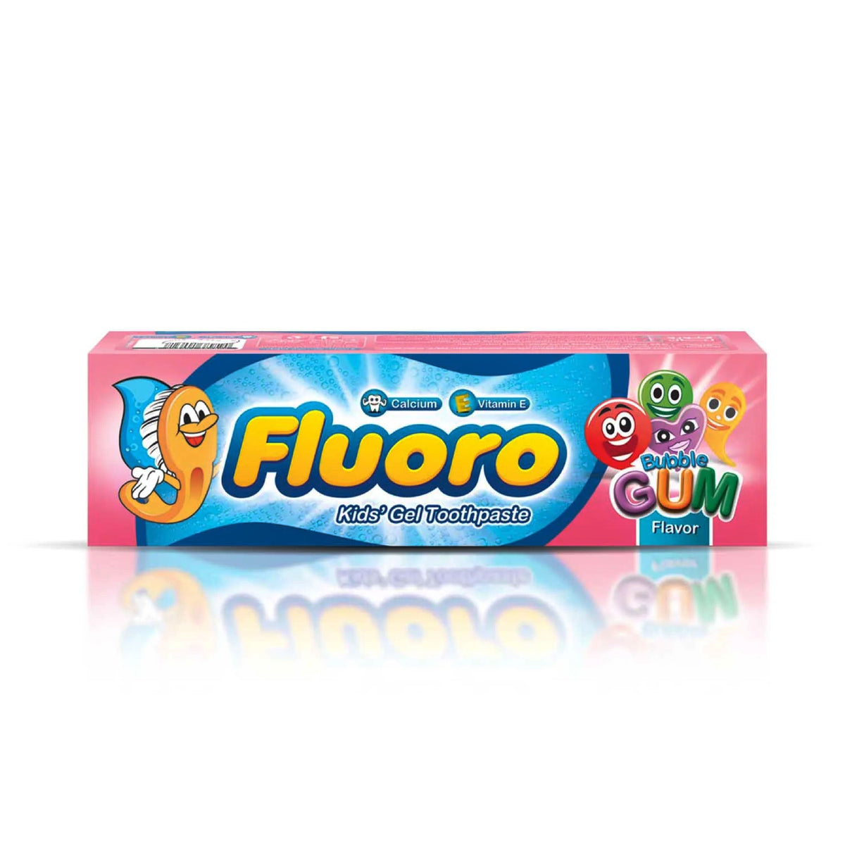 Refect Beauty Eva Fluoro bubble gum flavored kids toothpaste in a pink and blue box with cartoon characters