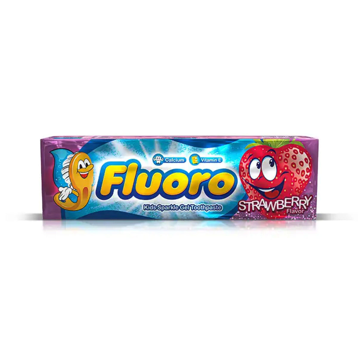 Refect Beauty Eva Fluoro kids sparkle gel strawberry toothpaste box with fun cartoon strawberry and fish characters