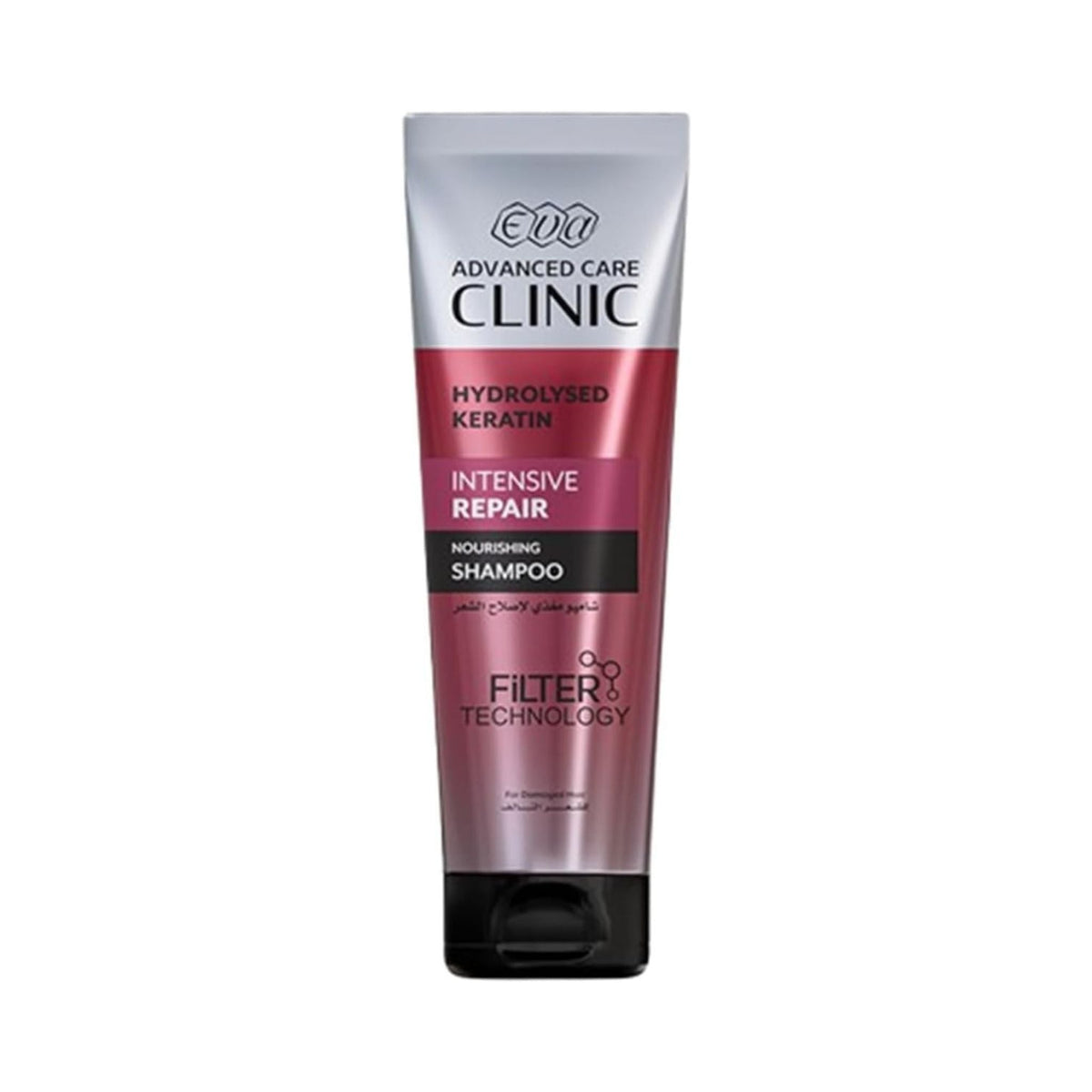 Refect Beauty Eva Advanced Care Clinic Keratin Intensive Repair Shampoo in a metallic red and silver tube.