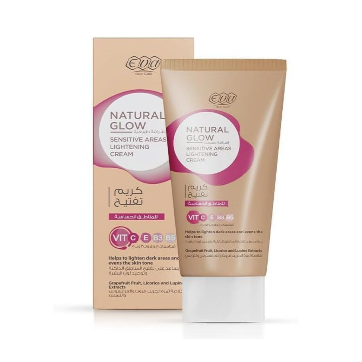 Refect Beauty Eva Natural Glow lightening cream in a beige tube and box for sensitive skin areas