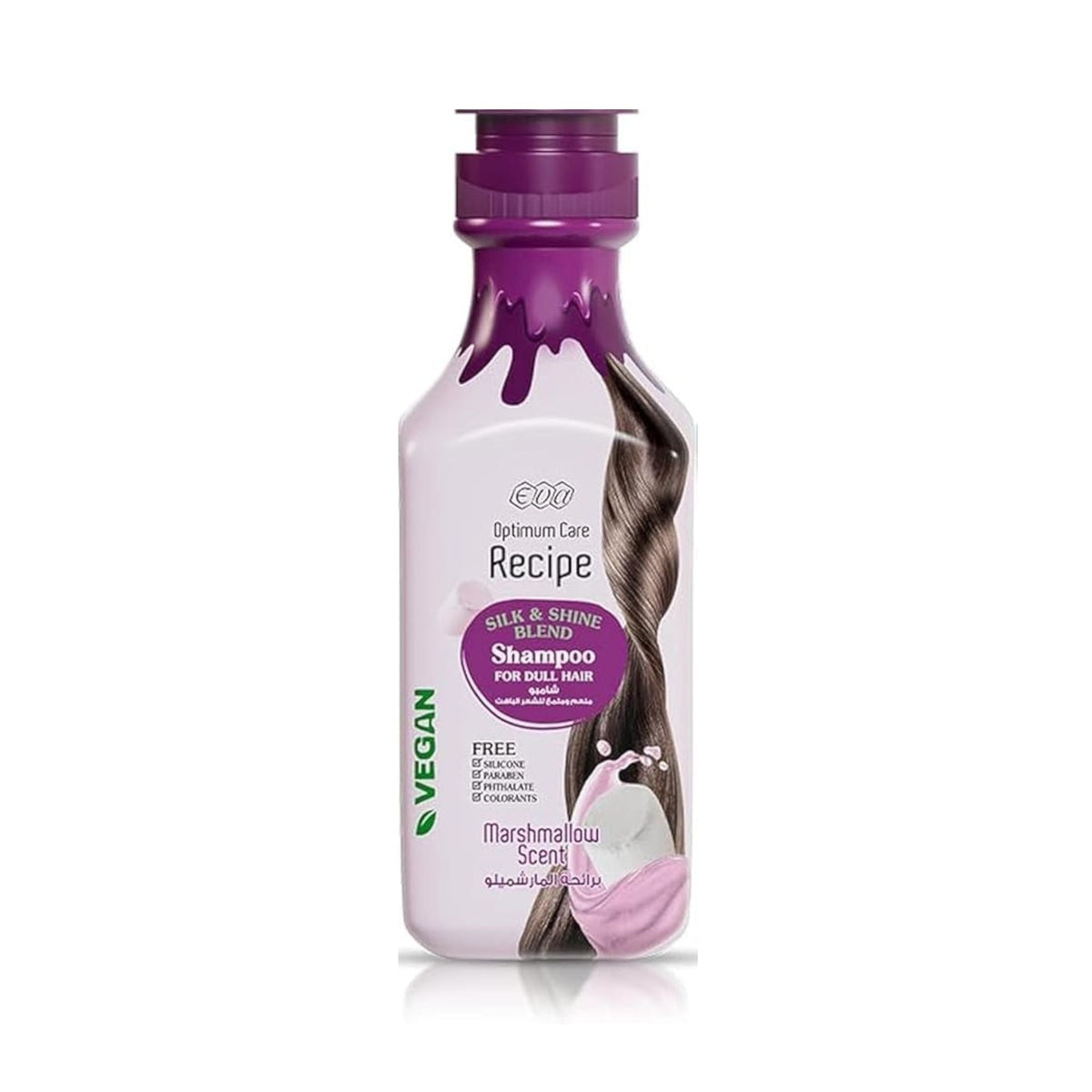 Refect Beauty Eva Optimum Care marshmallow scented shampoo bottle for dull hair with purple drip design