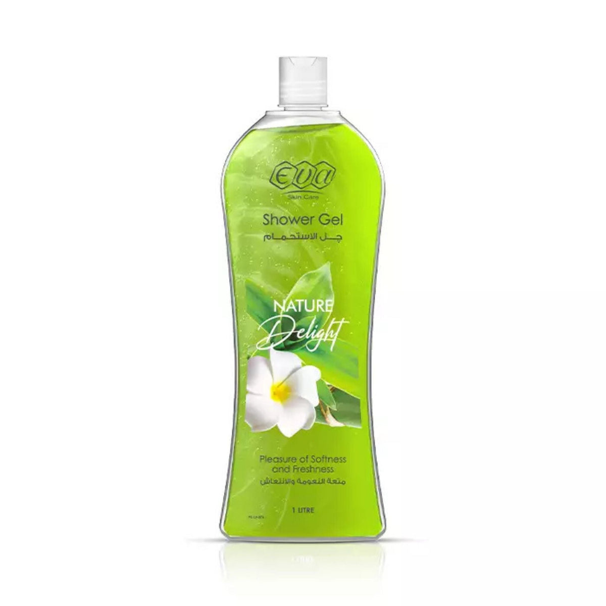Refect Beauty Eva Natural Delight shower gel in a clear 1-liter bottle with a green formula and white floral label.