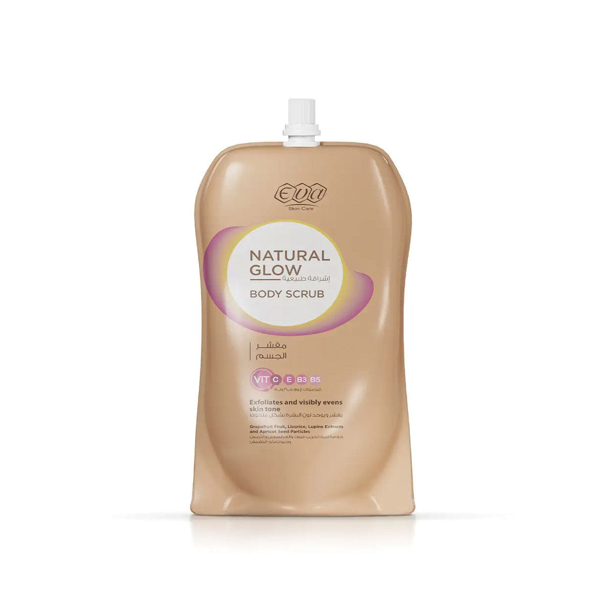 Refect Beauty Eva Skin Care Natural Glow body scrub in a beige pouch for exfoliating and brightening skin texture