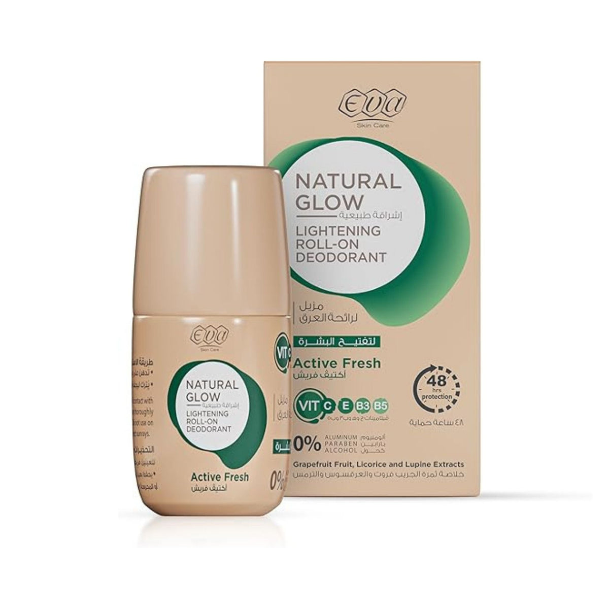 Refect Beauty Eva Natural Glow Active Fresh roll-on deodorant bottle and packaging box for underarm brightening