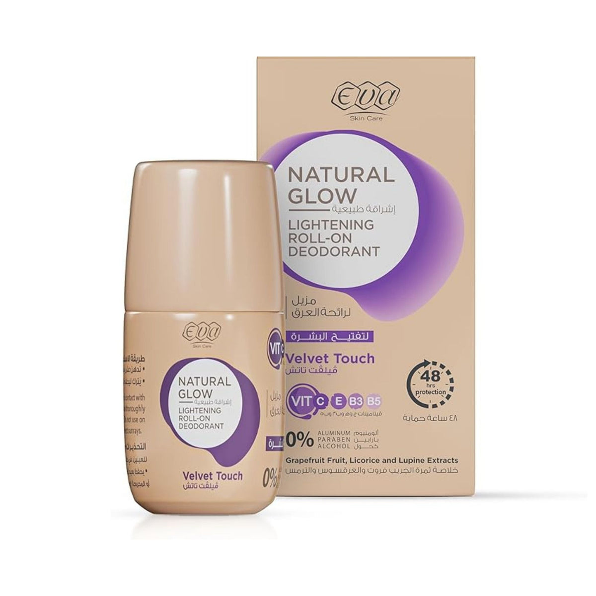 Refect Beauty Eva Natural Glow Velvet Touch roll-on deodorant with a beige bottle and matching product packaging box.