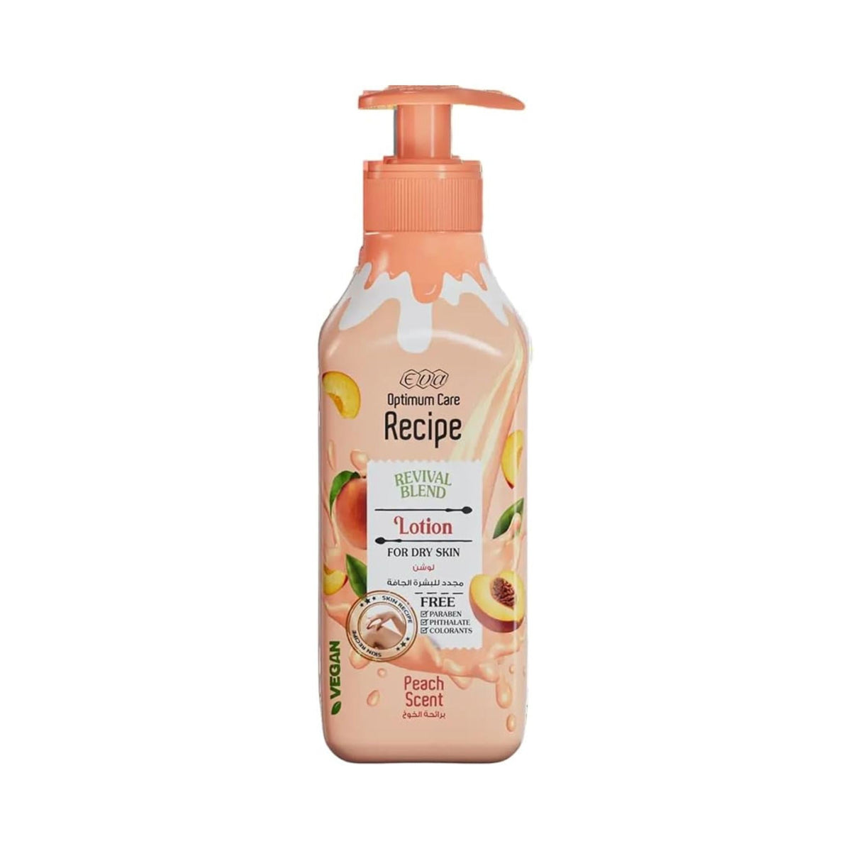 Refect Beauty Eva Optimum Care Recipe peach scented body lotion for dry skin in a pump bottle