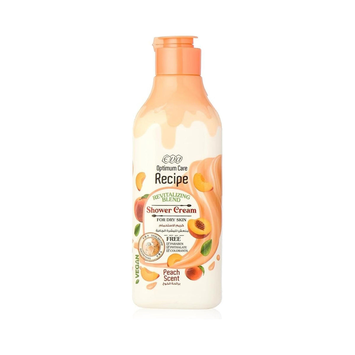 Refect Beauty Eva Optimum Care Recipe peach scented shower cream bottle for dry skin with nourishing peach extract.