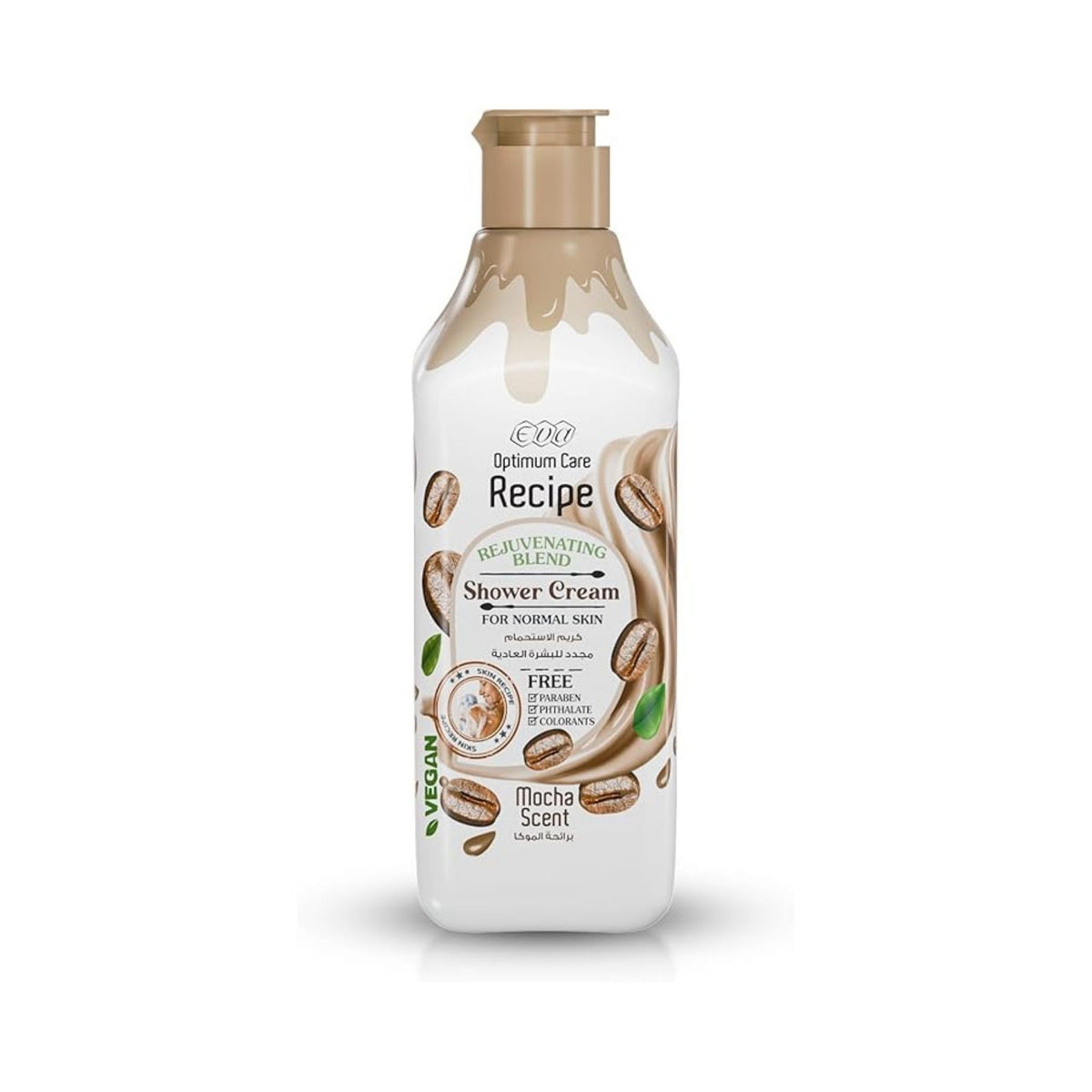 Refect Beauty Eva Recipe Serenity Mocha Shower Cream in a bottle with coffee bean graphics for normal skin
