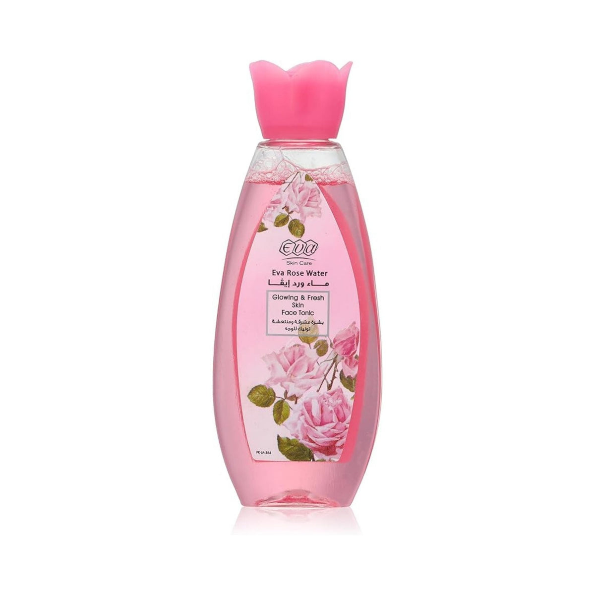 Refect Beauty Eva Rose Water facial toner in a pink bottle with a rose-shaped cap for refreshing and toning skin.