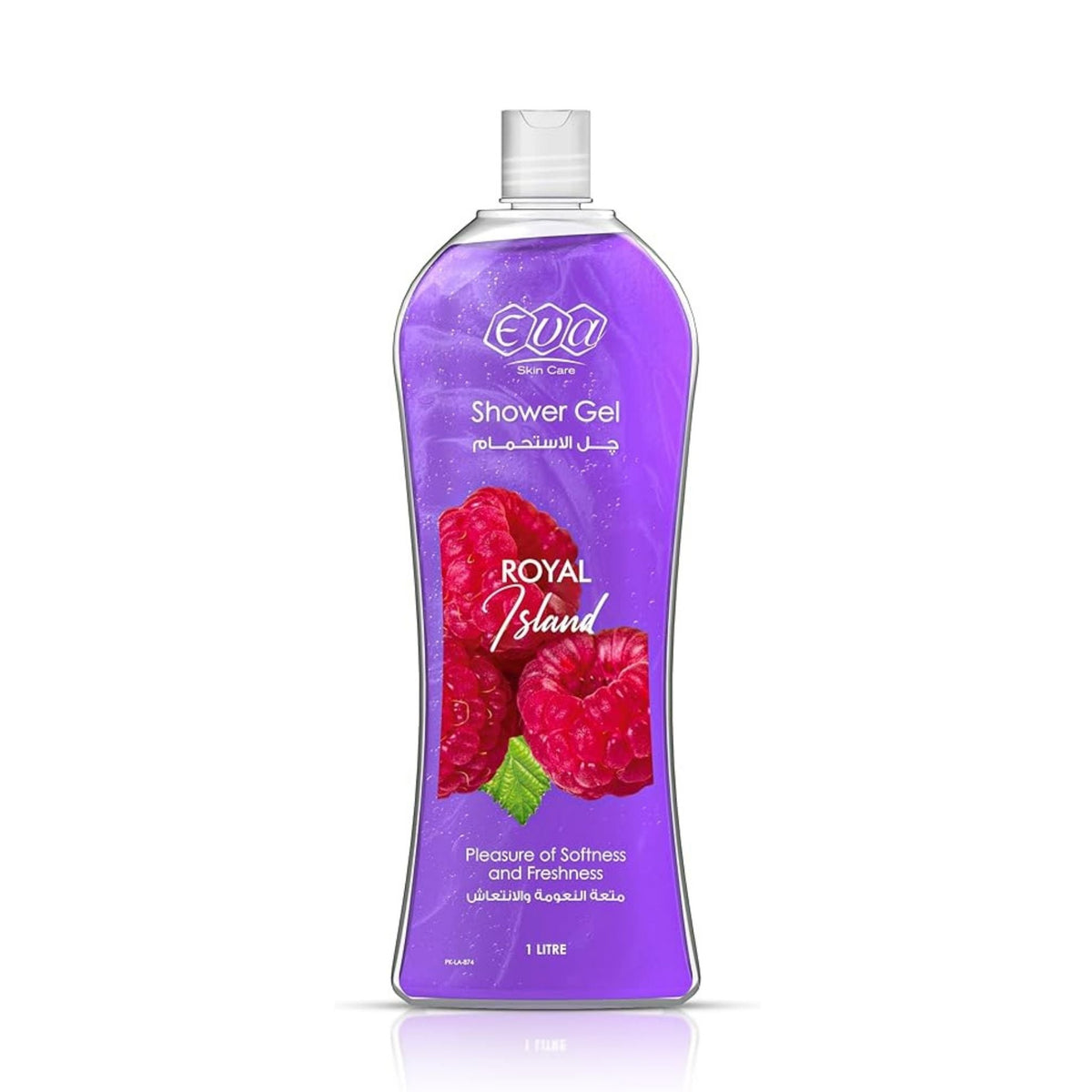 Refect Beauty Eva Royal Island shower gel in a 1-liter purple bottle with raspberry imagery for refreshing skin care.