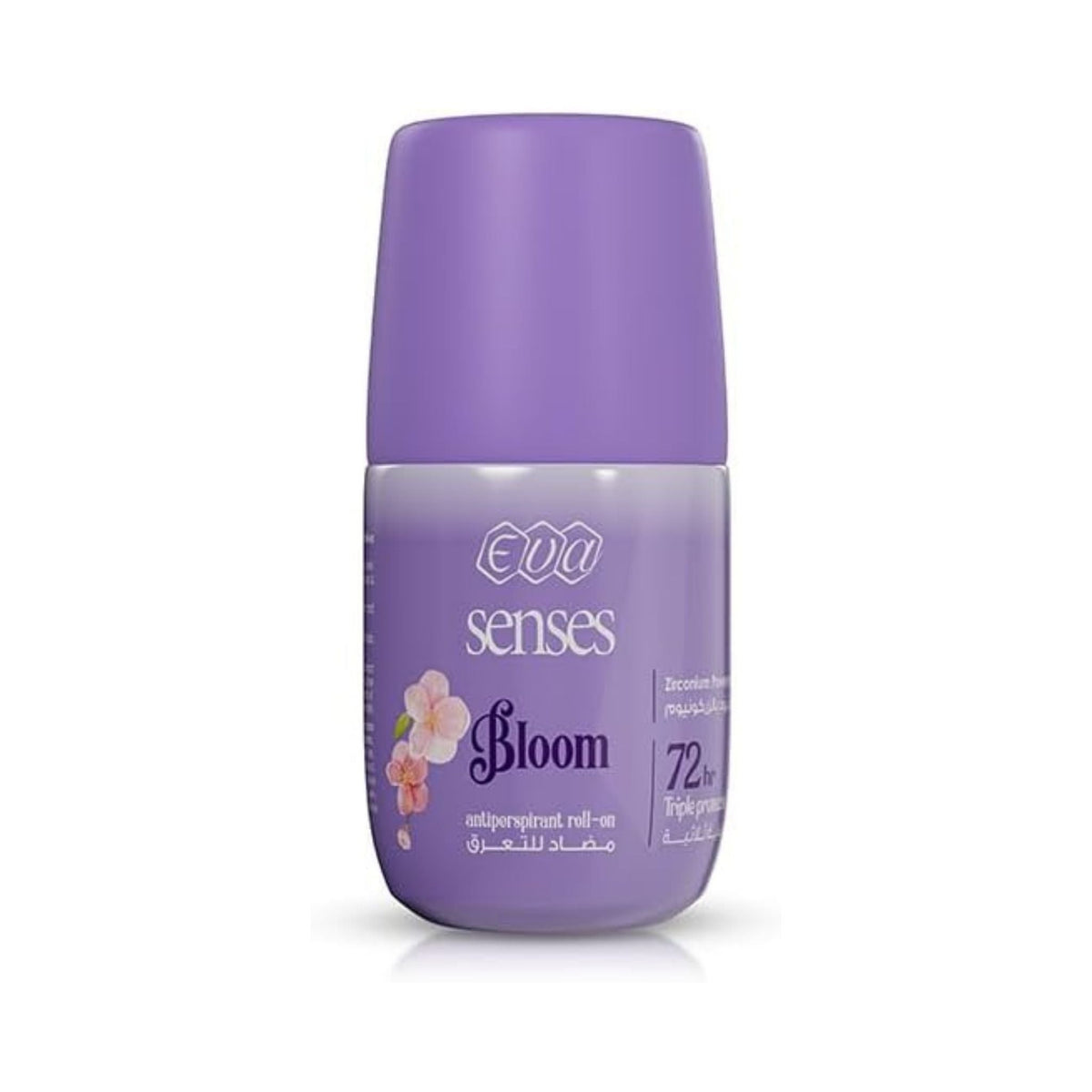 Refect Beauty Eva Senses Bloom 72HR antiperspirant roll-on with a purple cap and floral design on the bottle