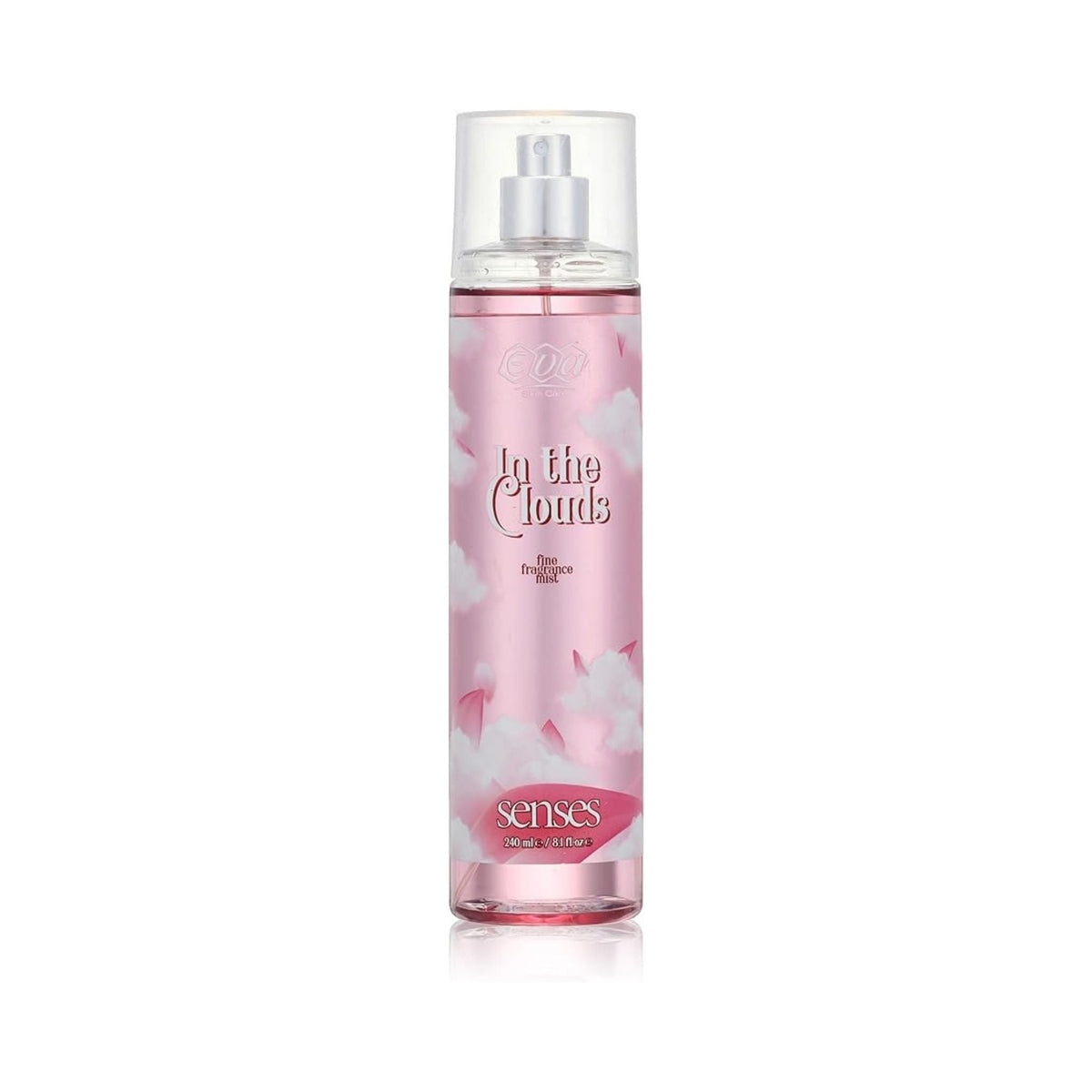 Refect Beauty Eva Senses In The Clouds body splash in a tall pink spray bottle with a clear cap and cloud graphics.