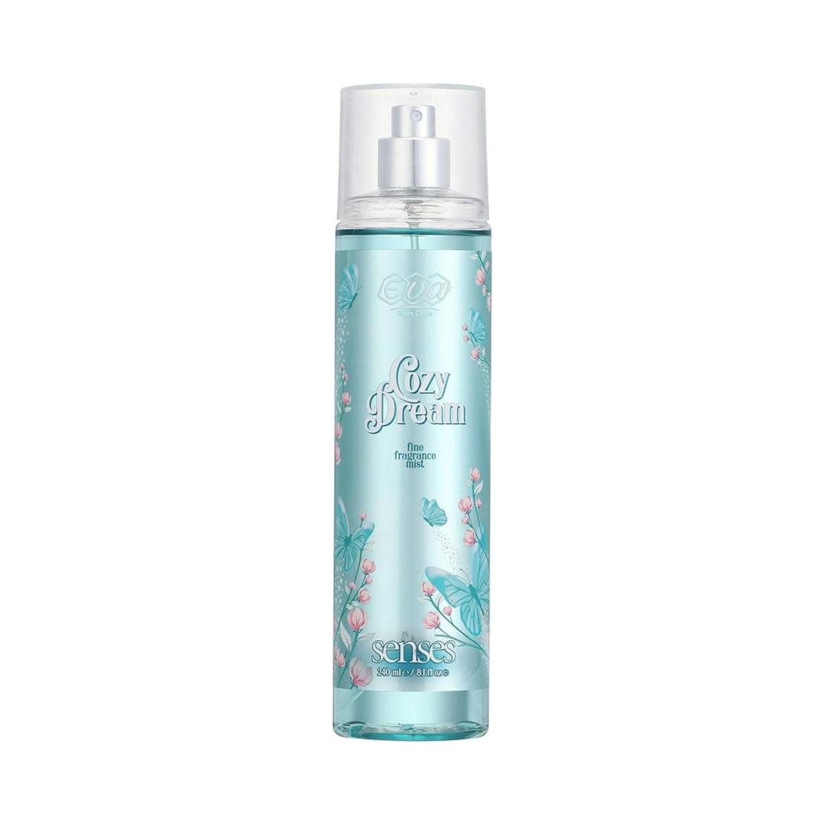 Refect Beauty Eva Senses Cozy Dream body splash in a light blue bottle with floral and butterfly design