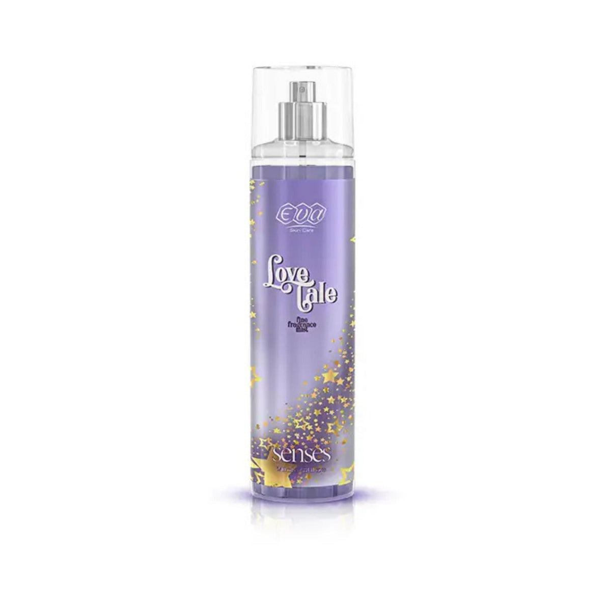 Refect Beauty Eva Senses Love Tale body splash in a purple bottle with gold star accents and a clear spray cap.