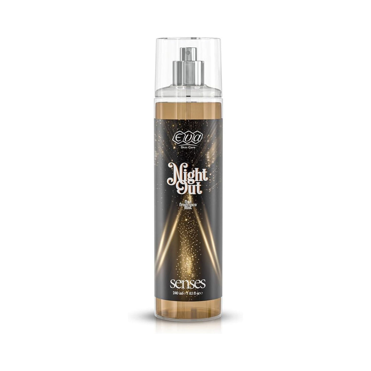 Refect Beauty Eva Senses Night Out body splash in a 240ml spray bottle with gold and black elegant packaging.