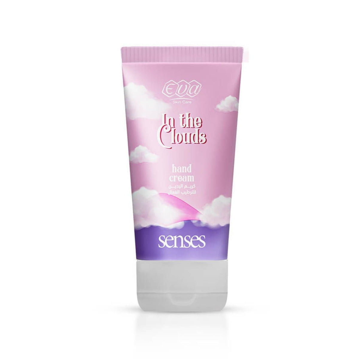 Refect Beauty Eva Skin Care Senses In The Clouds hand cream in a pink tube with cloud graphics and white cap.