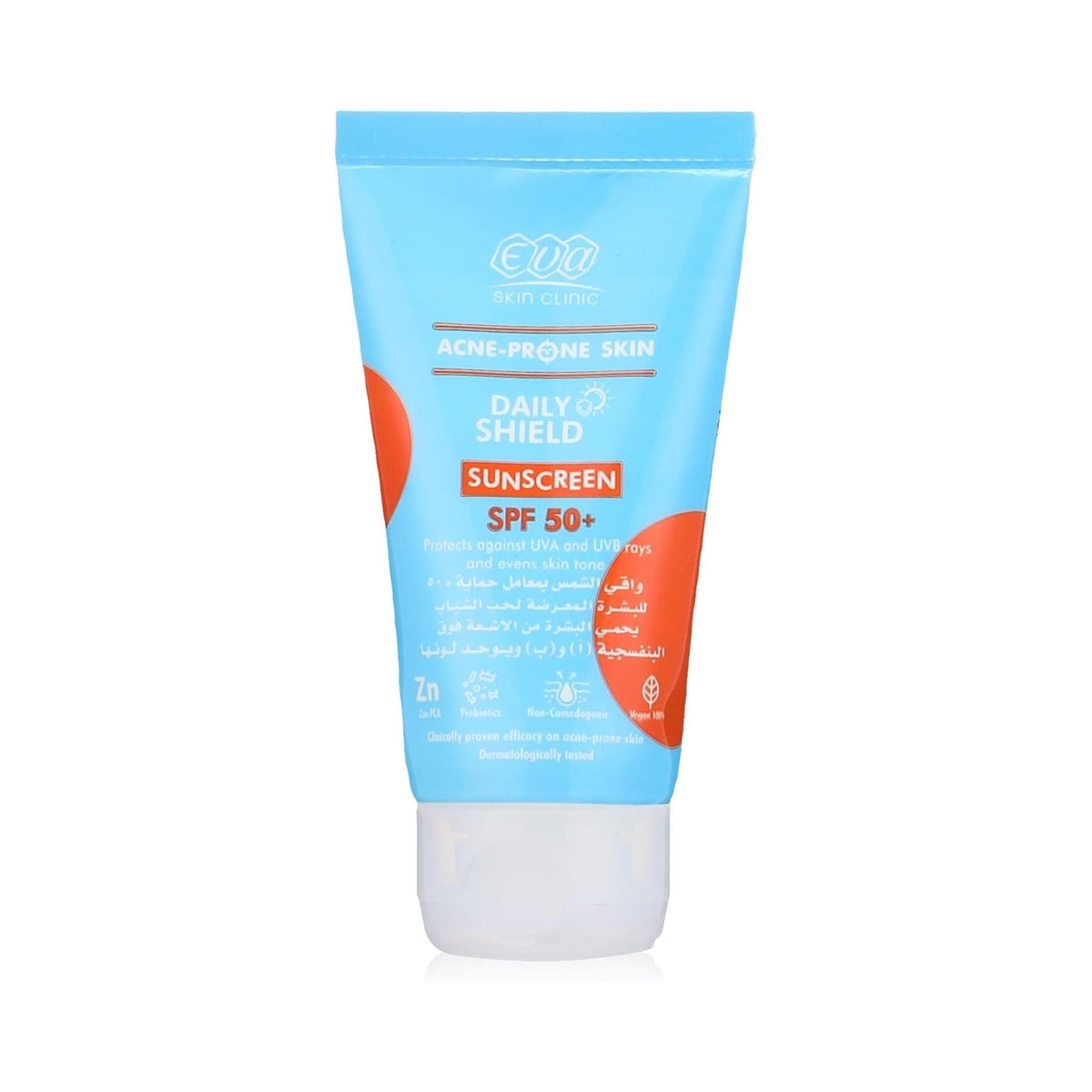 Refect Beauty Eva Skin Clinic SPF 50 sunscreen in a light blue tube, formulated for oily and acne-prone skin.