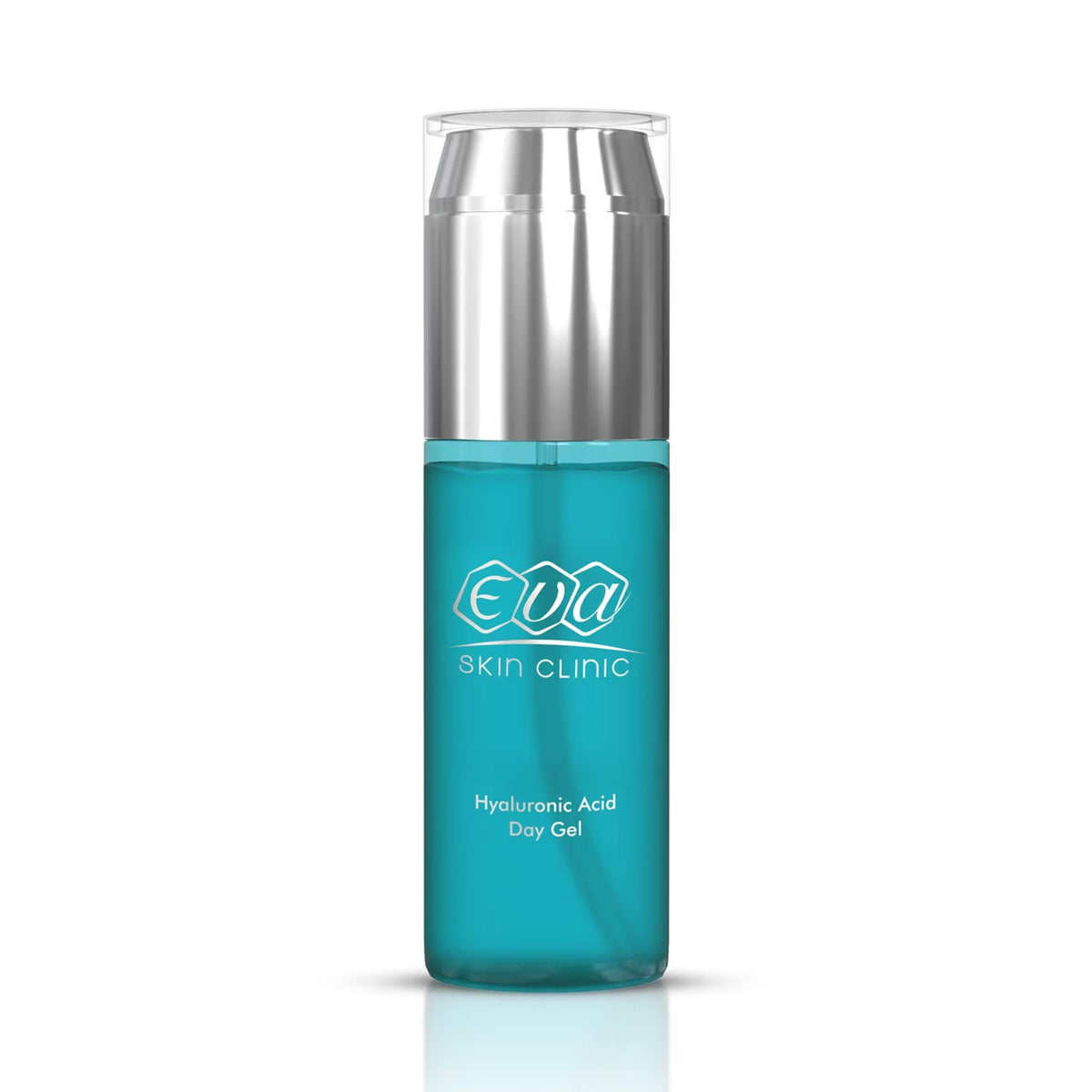Refect Beauty Eva Skin Clinic Hyaluronic Acid Day Gel in a blue translucent bottle with a silver pump dispenser