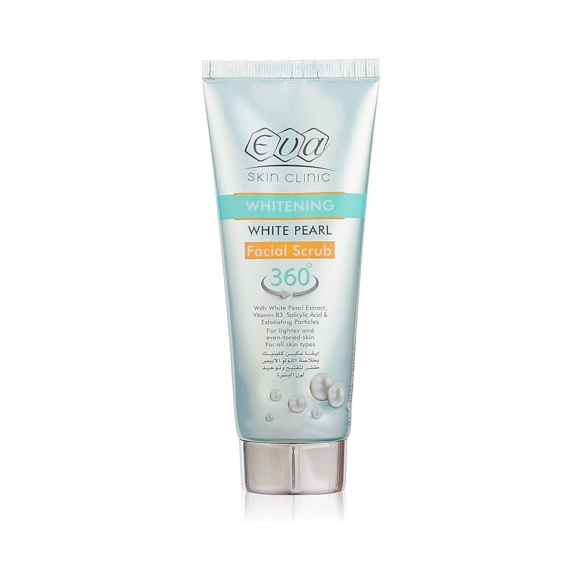 Refect Beauty Eva Skin Clinic White Pearl facial scrub in a light blue squeeze tube for brightening and exfoliation