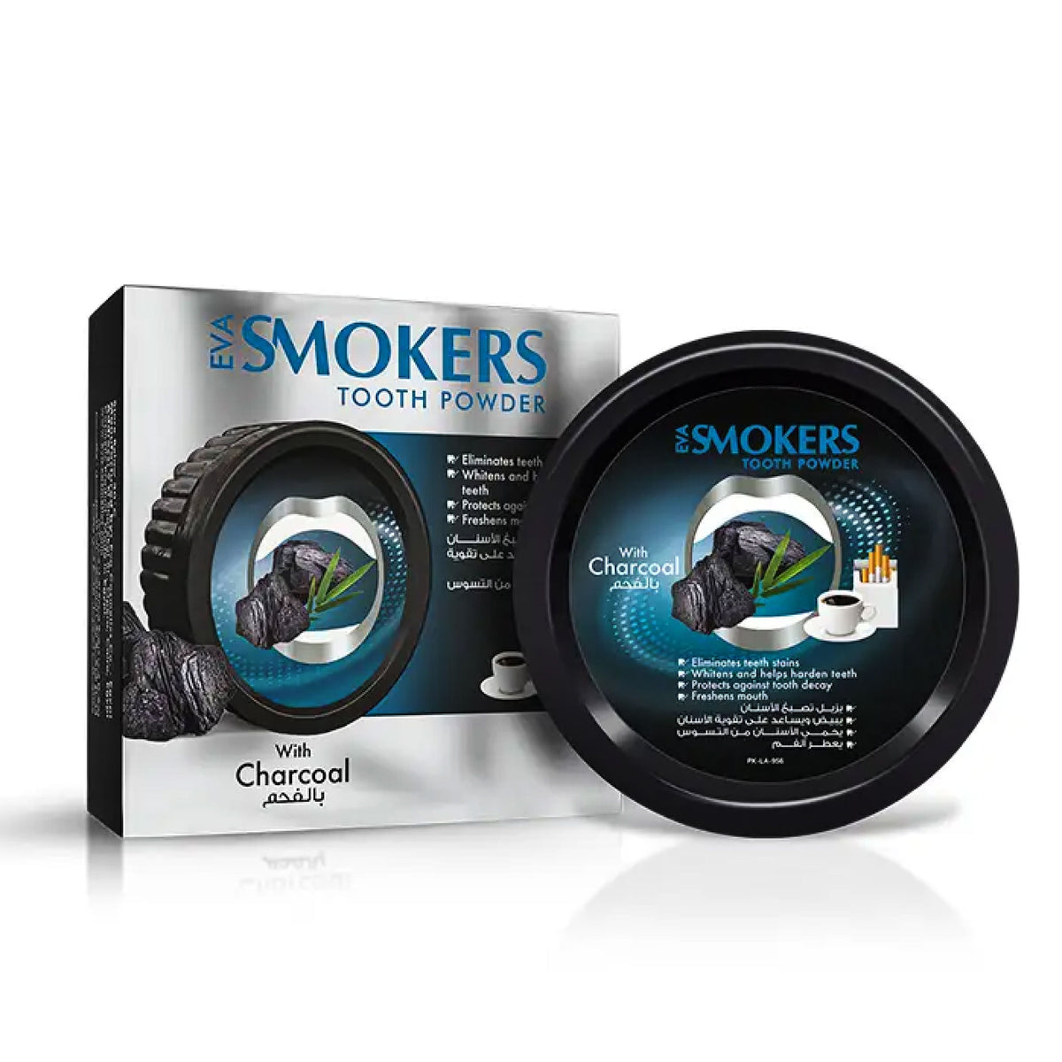 Refect Beauty Eva Smokers charcoal tooth powder in a black circular container with its matching silver and blue box.