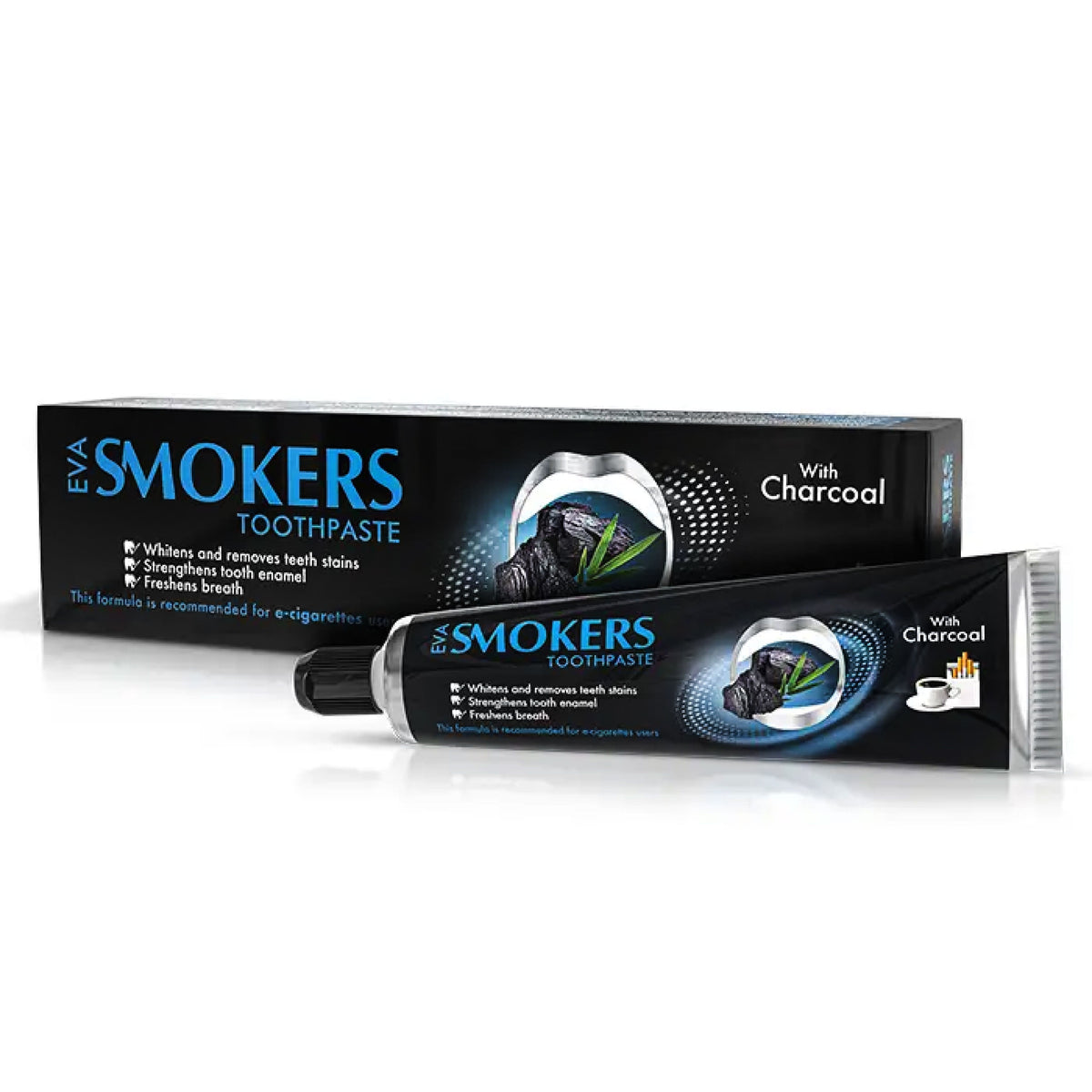 Refect Beauty Eva Smokers charcoal toothpaste tube and box for whitening teeth and removing smoking stains