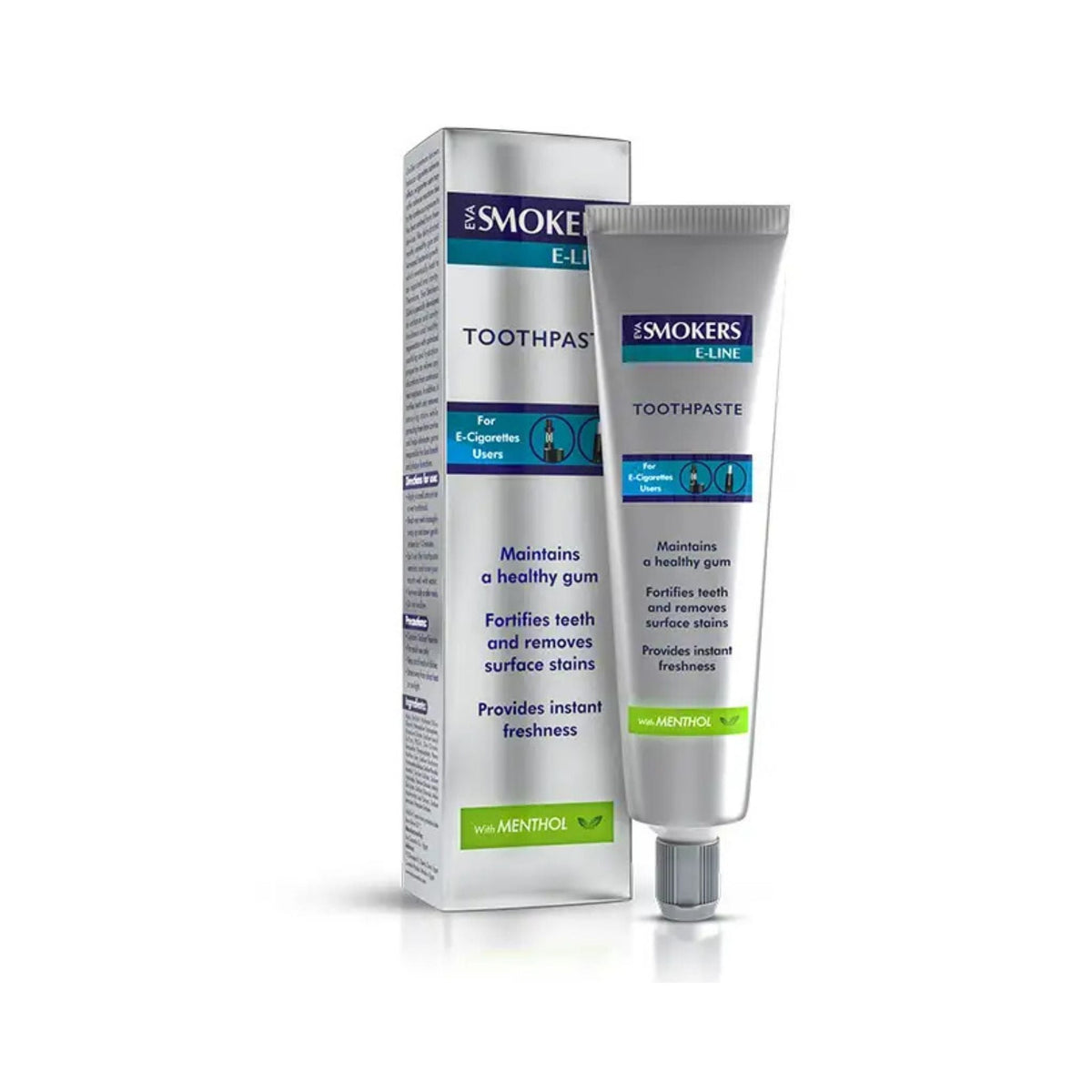 Refect Beauty Eva Smokers Menthol Toothpaste in a silver tube and matching box for stain removal and fresh breath.