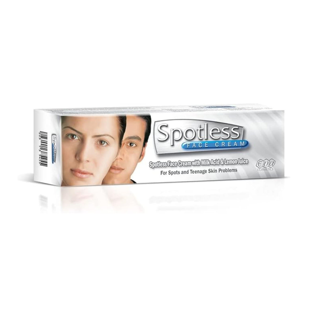 Refect Beauty Eva Spotless Face Cream packaging box featuring milk acid and lemon juice for clear skin.