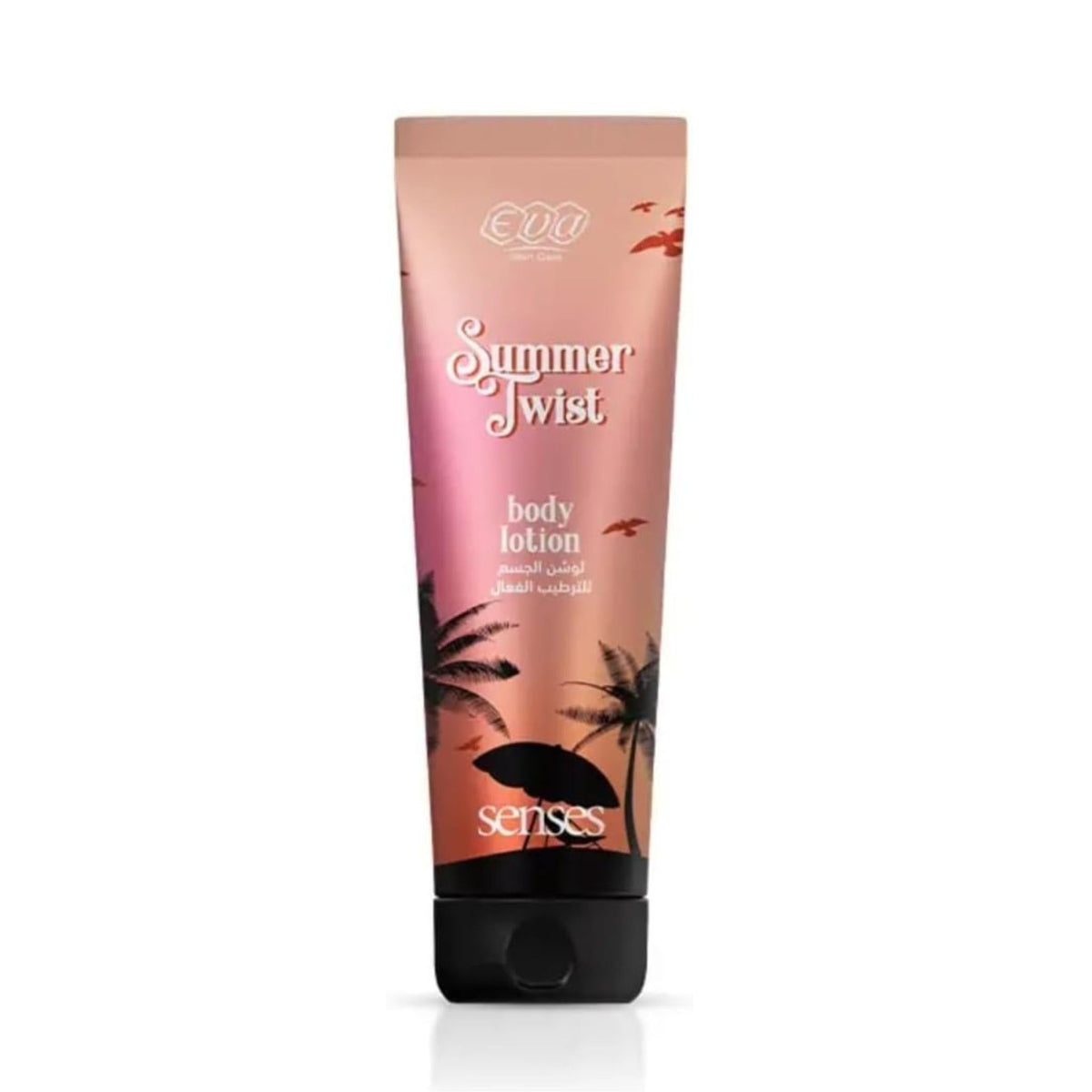 Refect Beauty Eva Summer Twist Senses body lotion in a gradient peach and pink tube with palm tree silhouette design.
