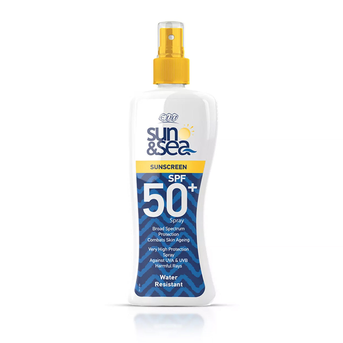 Refect Beauty Eva Sun Screen SPF 50+ spray bottle with a yellow cap for high UVA and UVB protection.