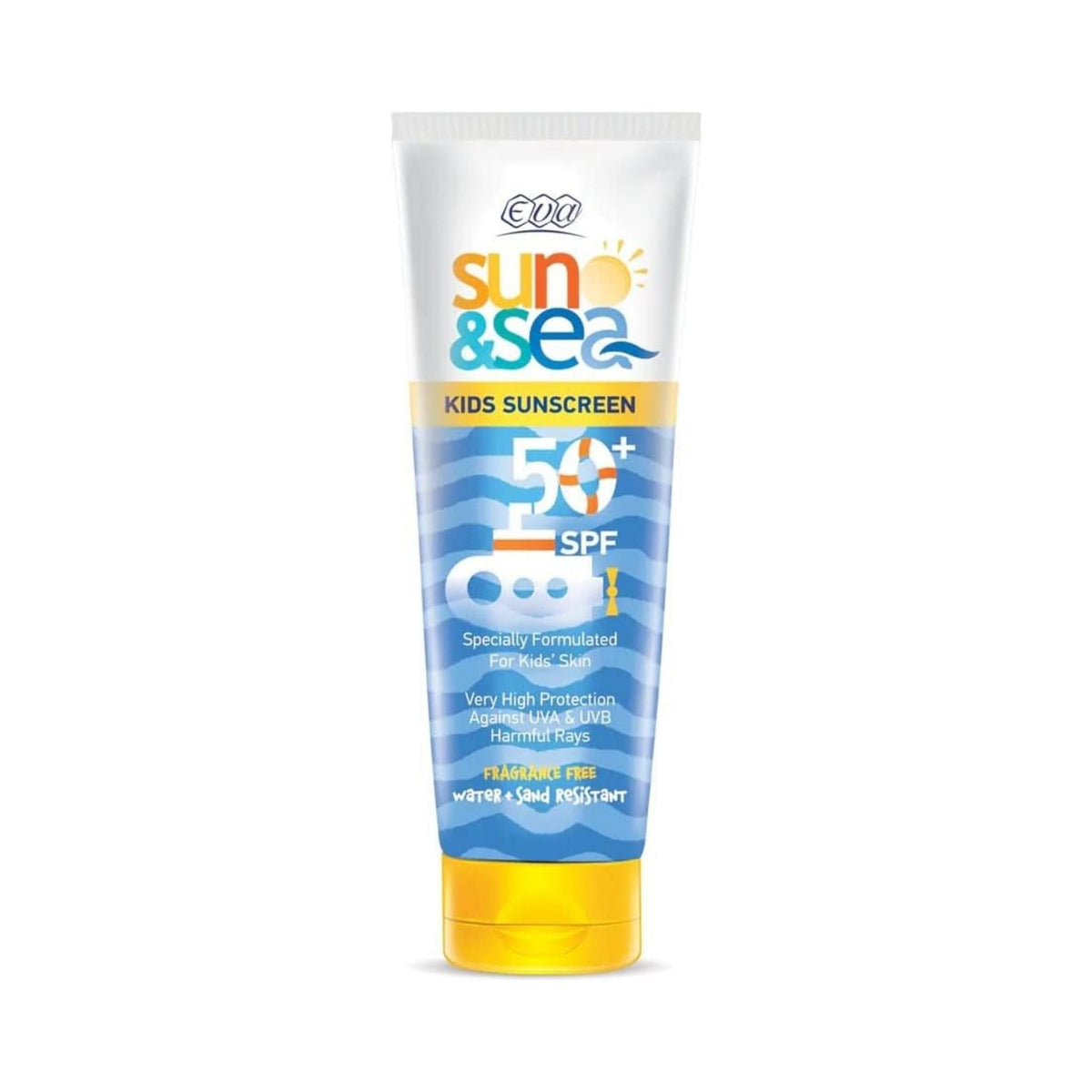 Refect Beauty Eva Sun & Sea SPF 50+ baby sunscreen lotion in a white and blue tube with a yellow cap