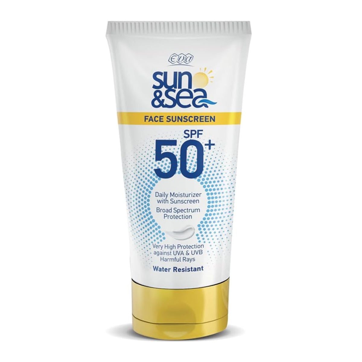 Refect Beauty Eva Sun & Sea SPF 50 face sunscreen in a white tube with gold cap for daily UVA and UVB protection.