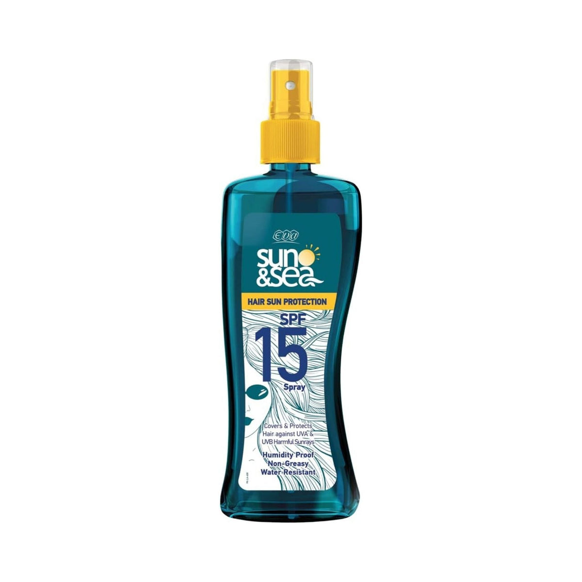Refect Beauty Eva Sun & Sea SPF 15 hair protection spray in a blue bottle with a yellow pump nozzle