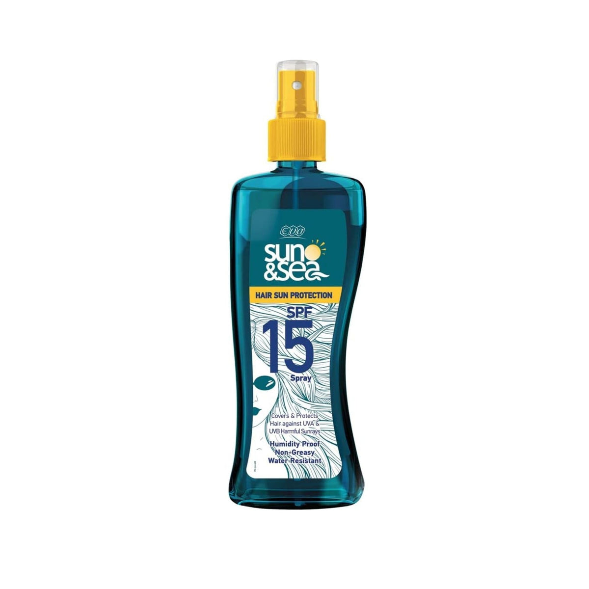 Refect Beauty Eva Sun & Sea SPF 15 hair protection spray in a blue bottle with a yellow nozzle for UV damage defense.