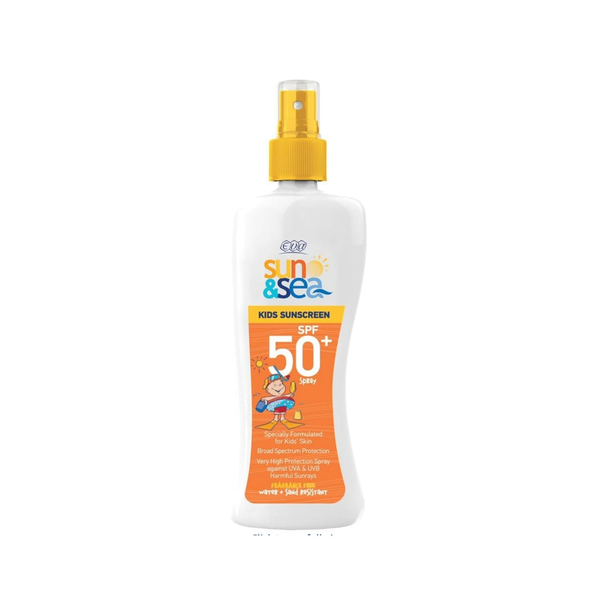 Refect Beauty Eva Sun & Sea SPF 50+ kids sunscreen lotion spray in a 200ml white bottle with yellow pump