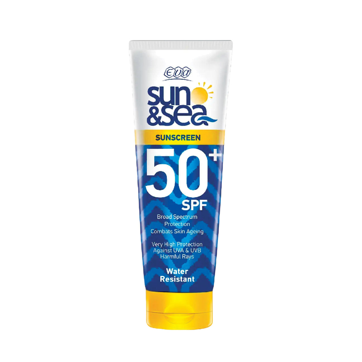Refect Beauty Eva Sun & Sea SPF 50 water-resistant sunscreen tube with blue wave pattern and yellow cap.