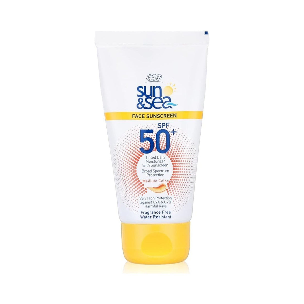 Refect Beauty Eva Sun & Sea SPF 50 tinted face sunscreen in a white squeeze tube with a yellow cap.