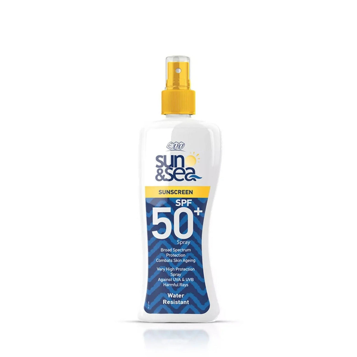 Refect Beauty Eva Sun Screen SPF 50+ spray bottle with blue wave pattern and yellow cap for UVA and UVB protection