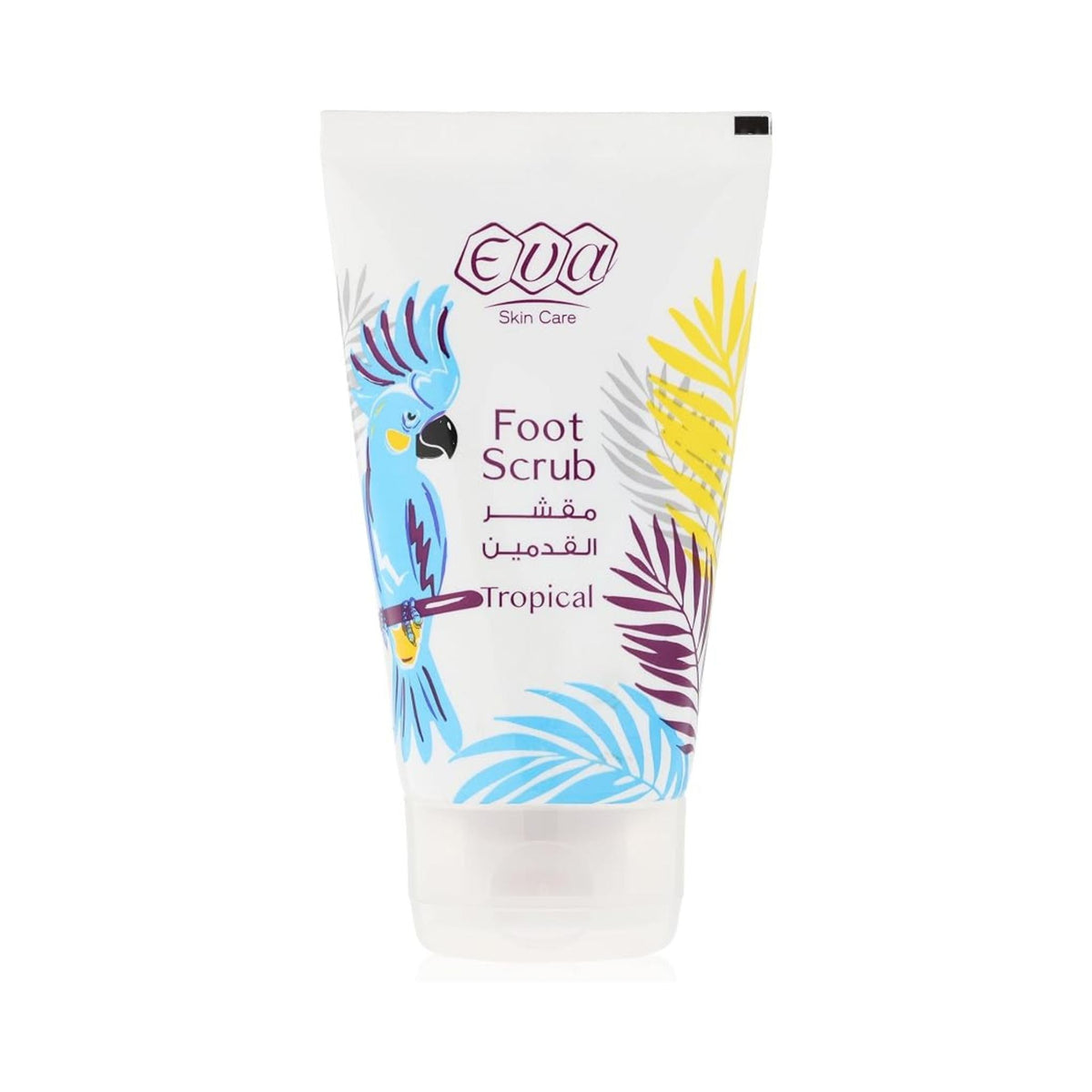 Refect Beauty Eva Foot Scrub Tropical in a white squeeze tube with a blue parrot and tropical leaf design.
