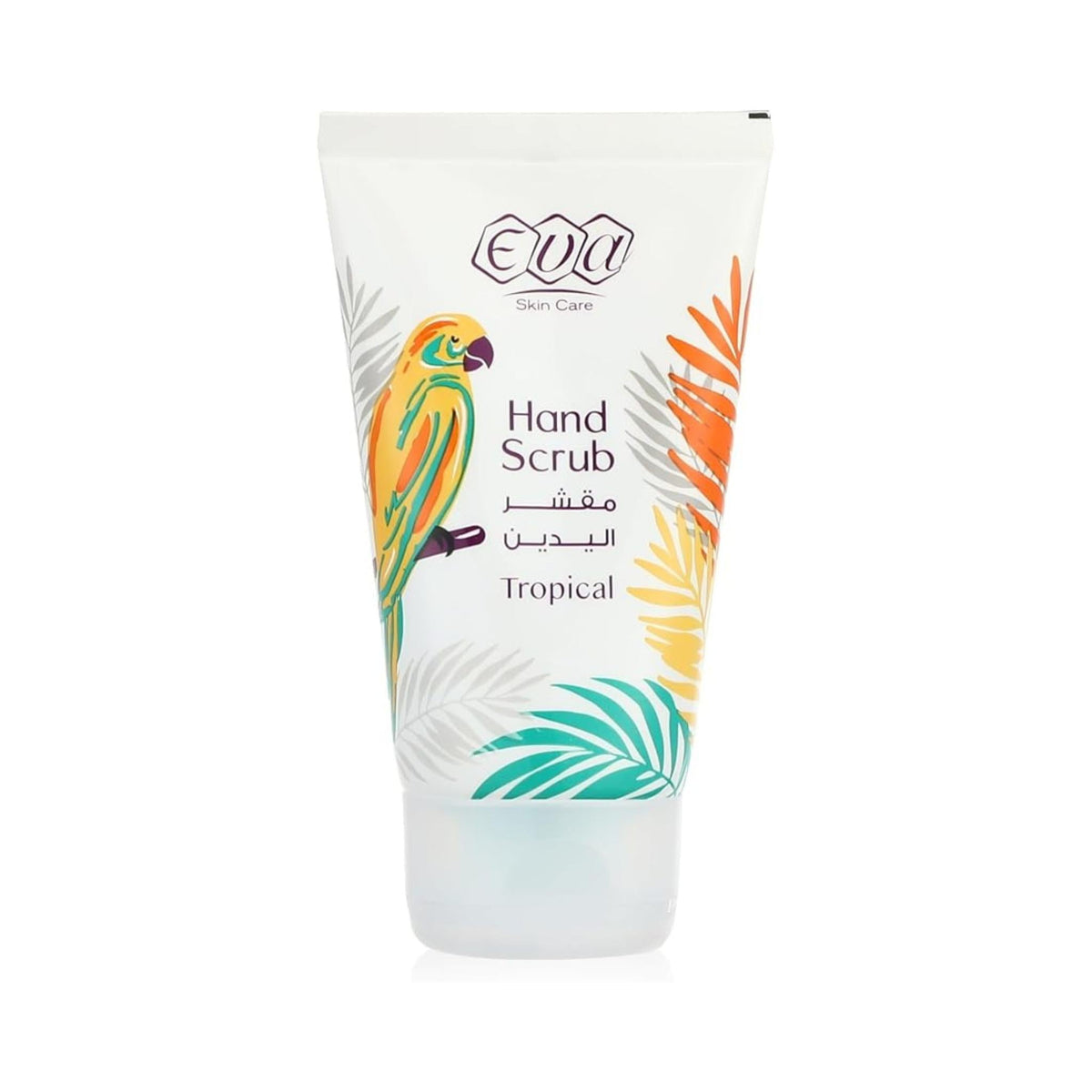 Refect Beauty Eva Tropical Hand Scrub in a 50ml white tube with a colorful parrot and tropical leaf illustration.