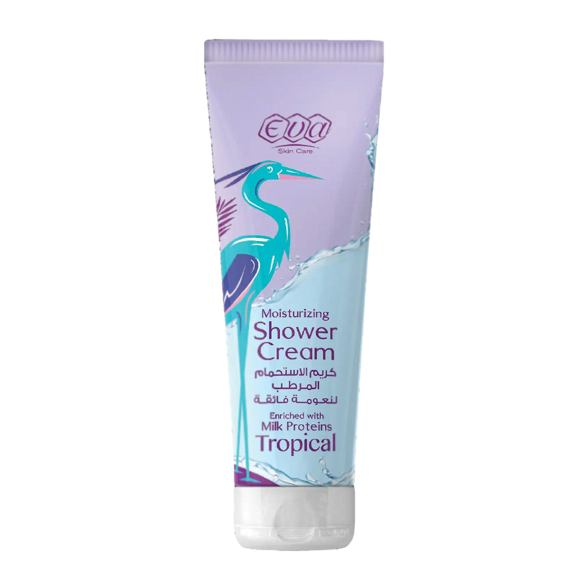 Refect Beauty Eva Tropical moisturizing shower cream in a light purple tube with a blue heron illustration.