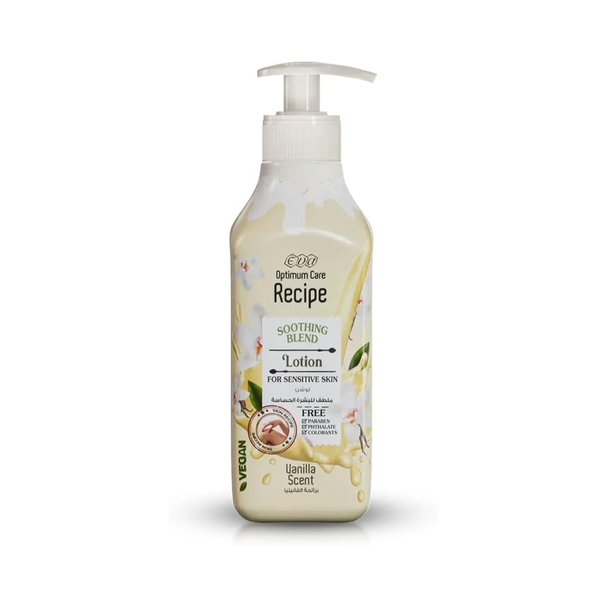 Refect Beauty Eva Optimum Care Recipe vanilla scented soothing body lotion for sensitive skin in a pump bottle.