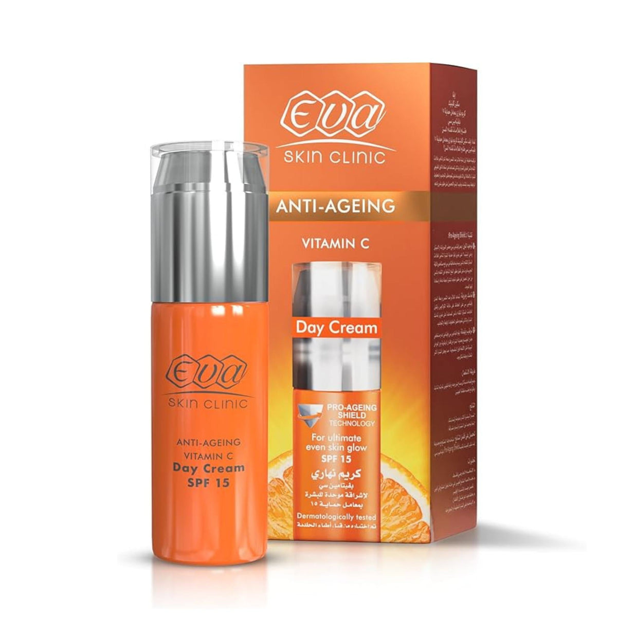 Refect Beauty Eva Skin Clinic Vitamin C day cream with SPF 15 in orange packaging for brightening and anti-ageing.