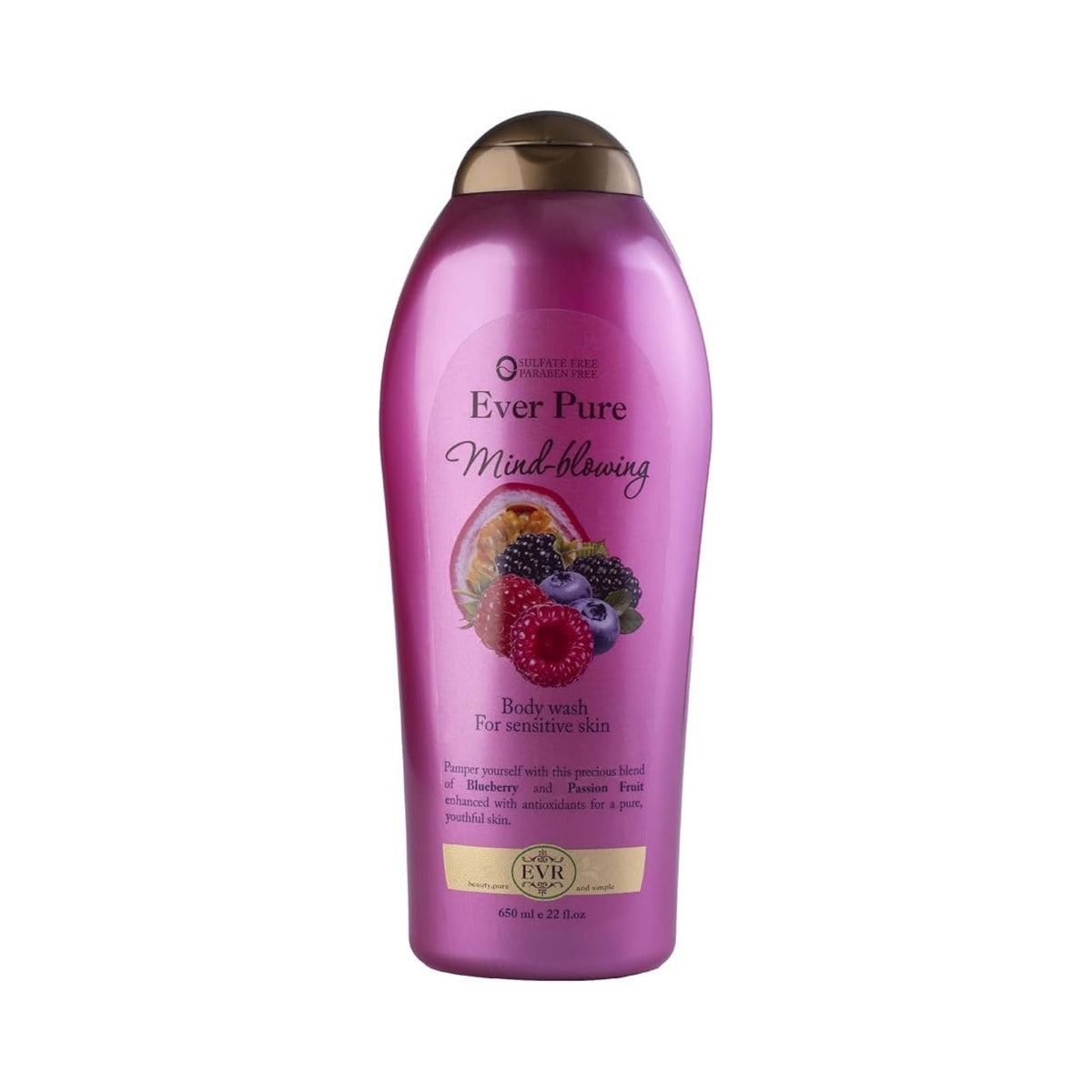 Refect Beauty Ever Pure blueberry and passion fruit body wash in a purple bottle for sensitive skin