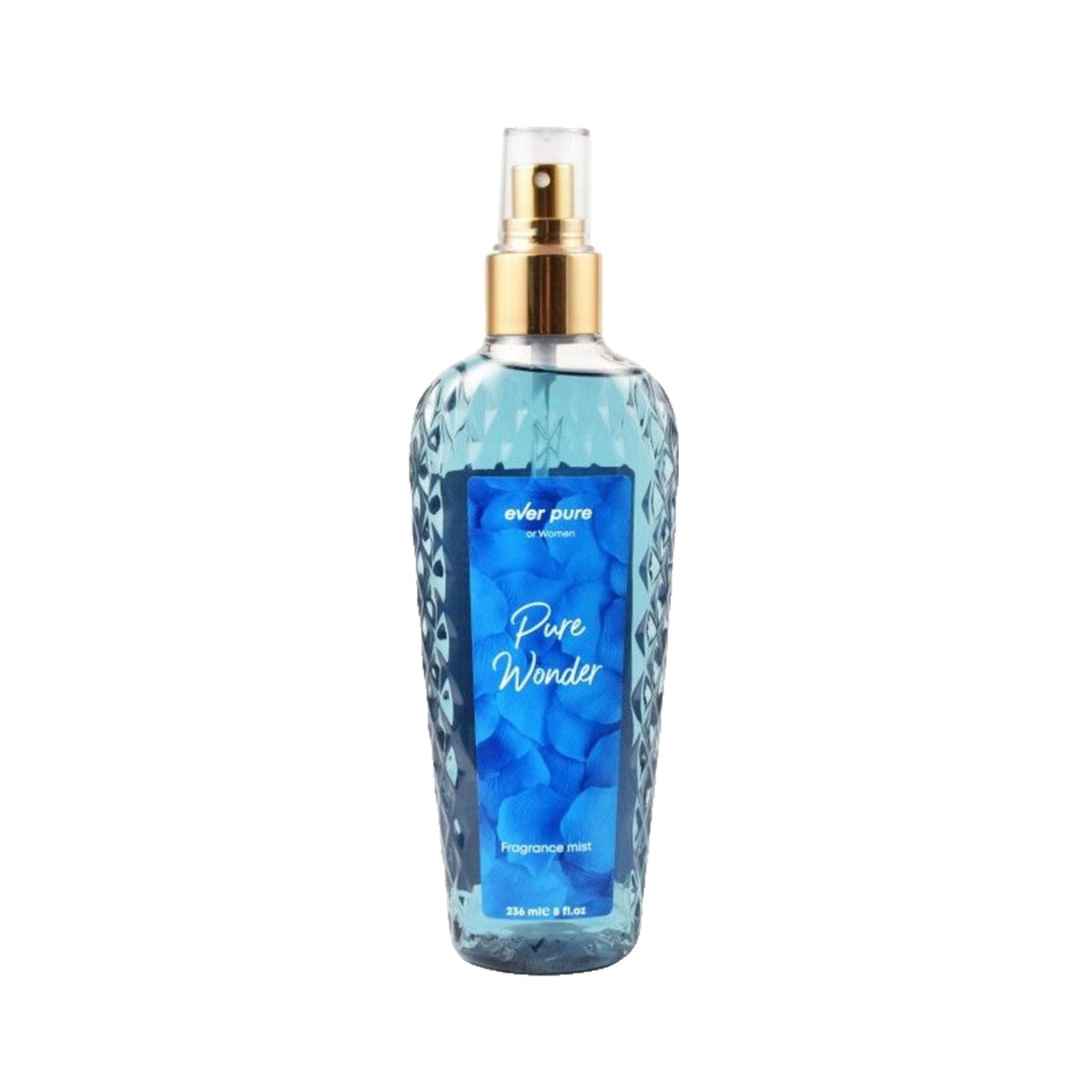 Refect Beauty Ever Pure Pure Wonder body mist in a textured blue glass bottle with a gold spray nozzle