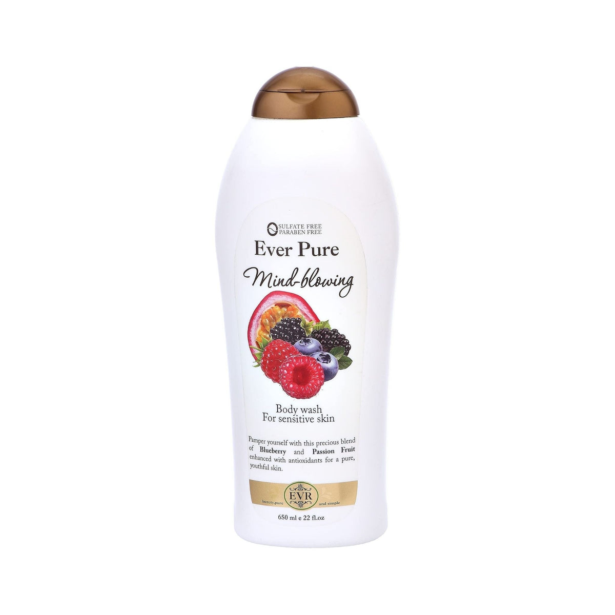 Refect Beauty Ever Pure passion fruit and berry body wash in a white bottle with a brown cap for sensitive skin