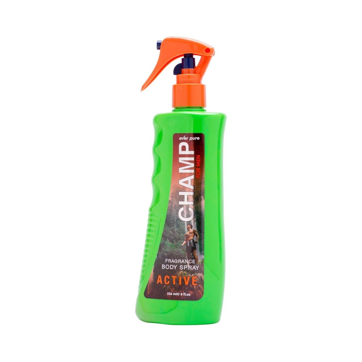 Refect Beauty Ever Pure Champ Active body spray for men in a bright green bottle with an orange trigger sprayer