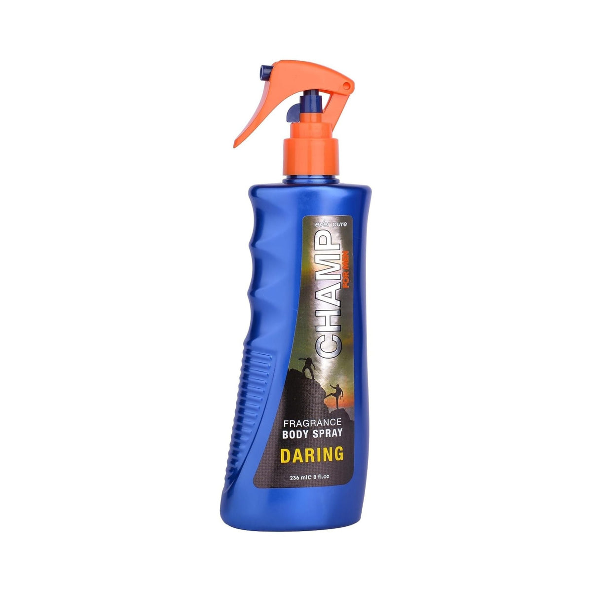 Refect Beauty Ever Pure Champ Daring body spray for men in a blue bottle with an orange trigger spray nozzle.